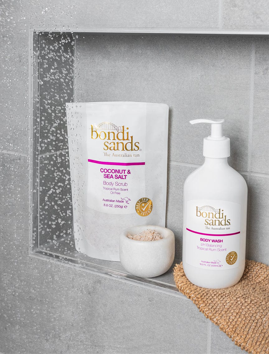 Bondi Sands Tropical Rum Body Wash and Tropical Rum Sea Salt Exfoliator Lifestyle Image