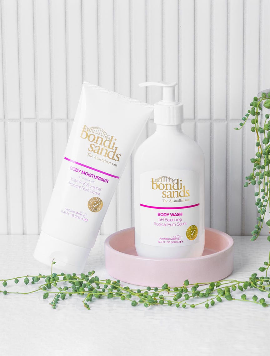 Bondi Sands Tropical Rum Body Wash and Tropical Rum Body Moisturiser Lifestyle Image