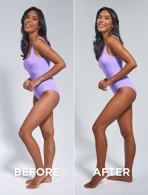 Bondi Sands Technocolor Magenta 1 Hour Express Self Tanning Foam Before and After on a Dark Skinned Model