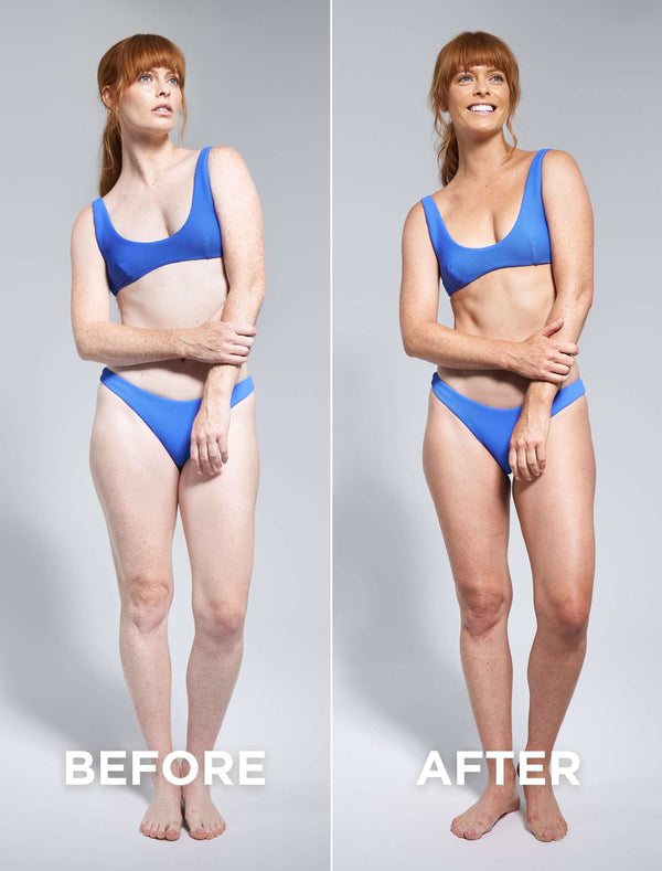 Bondi Sands Technocolor Sapphire 1 Hour Express Self Tanning Foam Before and After Posed